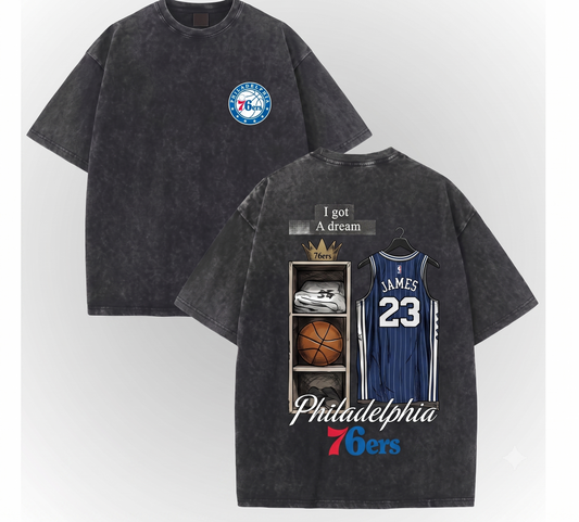 LeBron James 23 76ers Washed Black Graphic Tee Vintage Streetwear Shirt